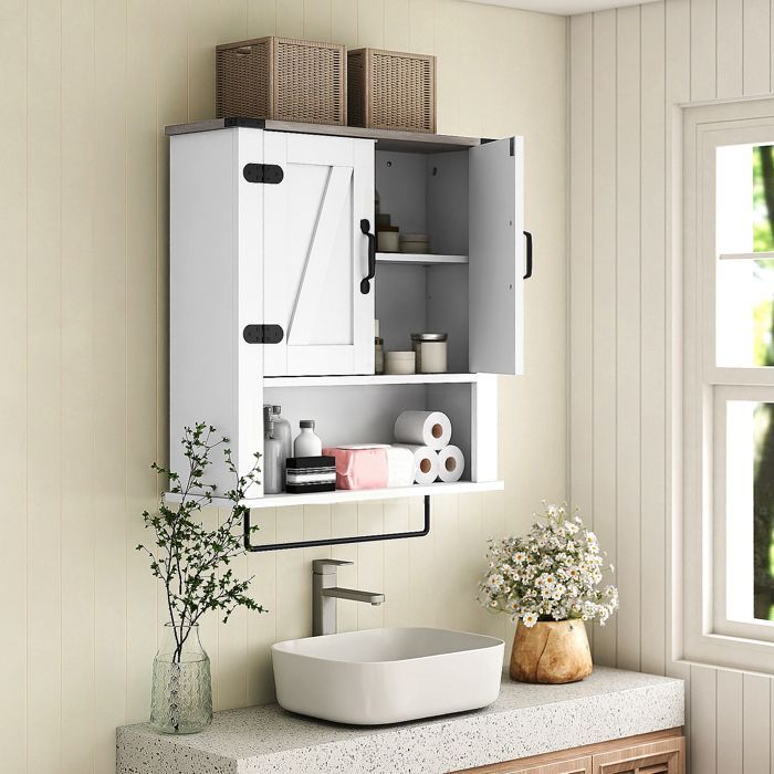 Mobiletto da bagno a parete COSTWAY - 2 ante, vano a giorno, ripiano regolabile, portasciugamani per lavanderia e cucina