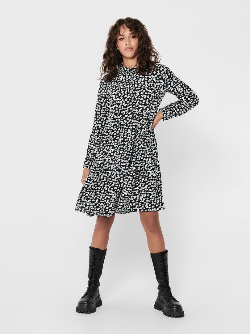 Vestido curto tipo camisa com estampa floral 'JDY' - PRETO