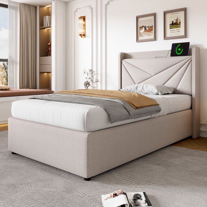 ModernLuxe 90x200cm Stauraumbett – Einzelbett mit USB-Anschluss, Lattenrost und Leinenbezug – Beige
