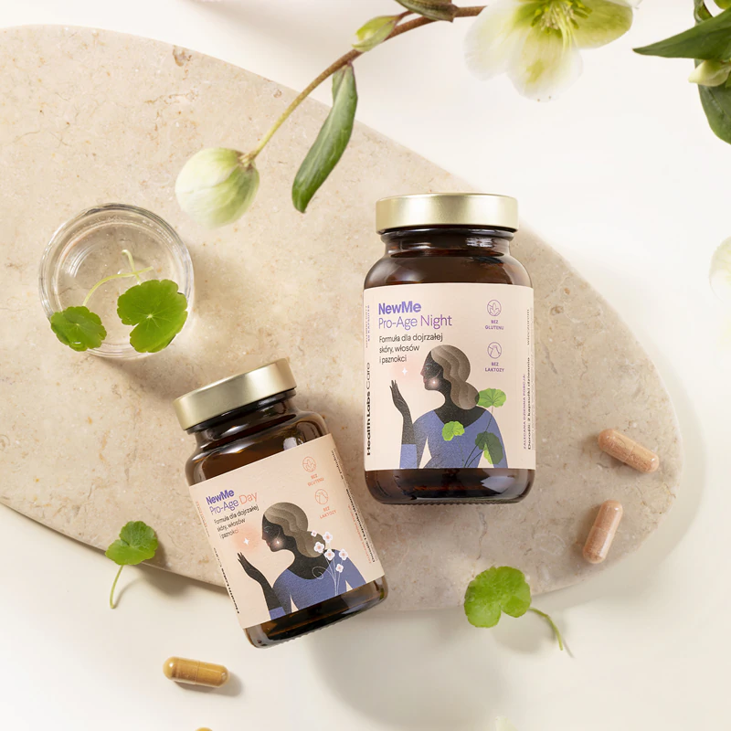 Cápsulas do suplemento alimentar NewMe Pro-Age da Health Labs Care para cabelos, pele e unhas bonitos.