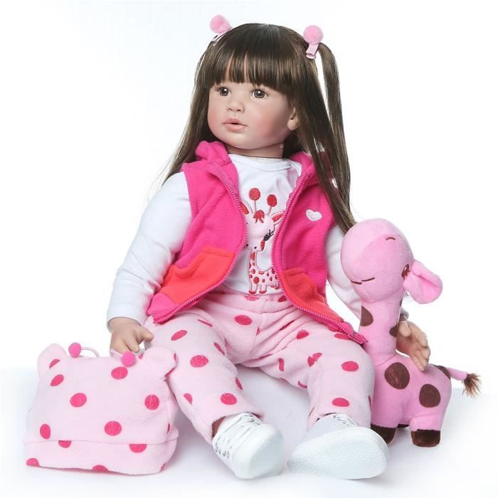 Bambola reborn HZDHCLH, femmina, silicone, capelli lunghi, 60 cm, vestito con gonna rosa e rossa