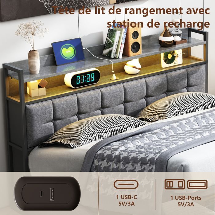 Cama con almacenamiento de 160 x 200 cm, cama de 160 x 200 con somier de láminas, cama para adultos con puerto USB y LED, estructura de cama con cabecero, color gris, lino.