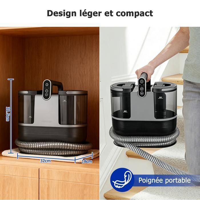 Dampfreiniger und Fleckenentferner (1200 W) – 1,6 l/0,95 l Tank – 1,9 m Schlauch / 4 m Kabel – Polsterreiniger mit 9 Zubehörteilen, Schwarz/Grau