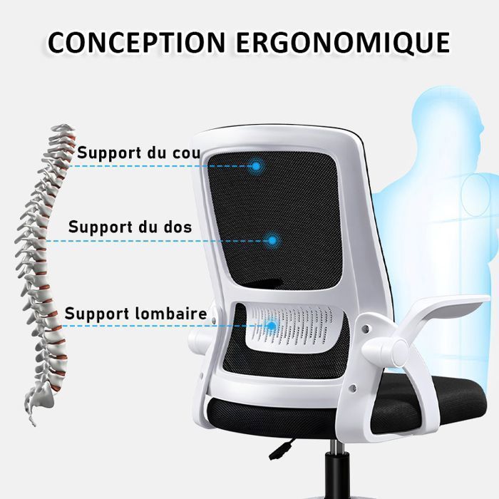 Chaise de bureau - MAGICFOX - Ergonomique - Dossier en maille - Réglable en hauteur - Blanc