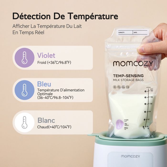 Momcozy Sacs de stockage de lait maternel 200 pièces, sacs de stockage de lait de décoloration à détection de température