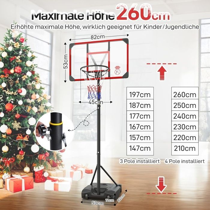 Basketball Hoop - NECHE - Adjustable Height 147-260CM - Red - Indoor/Outdoor Use - Unisex