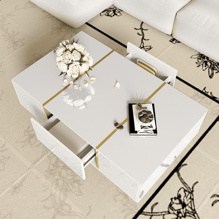 Tavolino da caffè - SOMUBI - Moderno - 2 cassetti - MDF - 100x60x41,5 cm - Bianco lucido