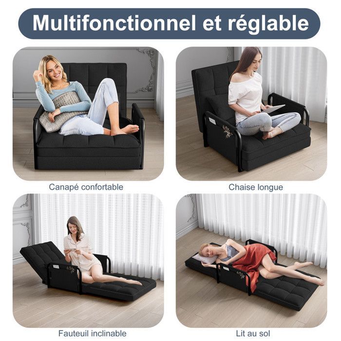 Poltrona relaxante - Sofá-cama conversível - 1 lugar - Preta - Encosto ajustável
