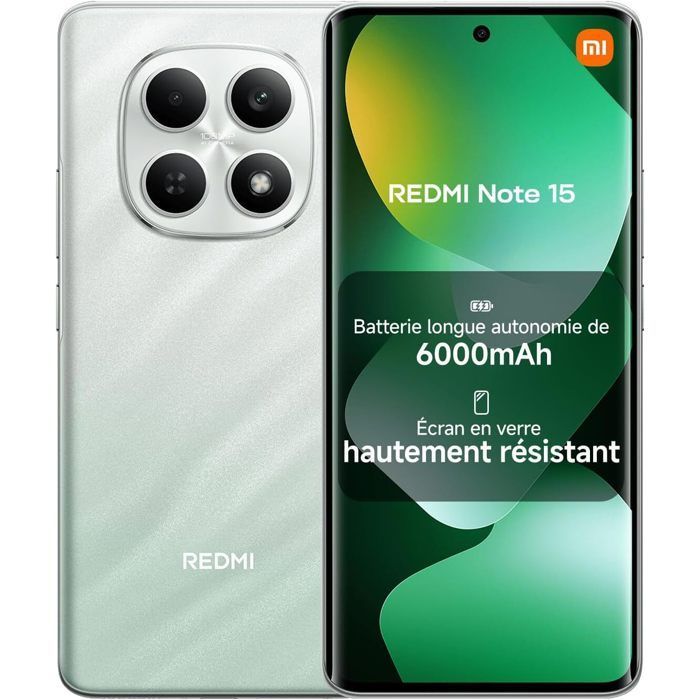 Smartphone Xiaomi Redmi Note 15 4G 8Go Ram 256Go Vert 6,77'' AMOLED Appareil Photo 108 MP Batterie 6000 mAh - Version globale