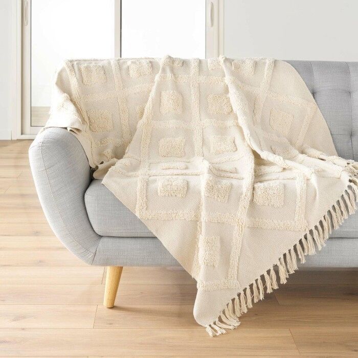 Manta con flecos de 125 x 150 cm – Tejida en algodón Inca texturizado/poliéster