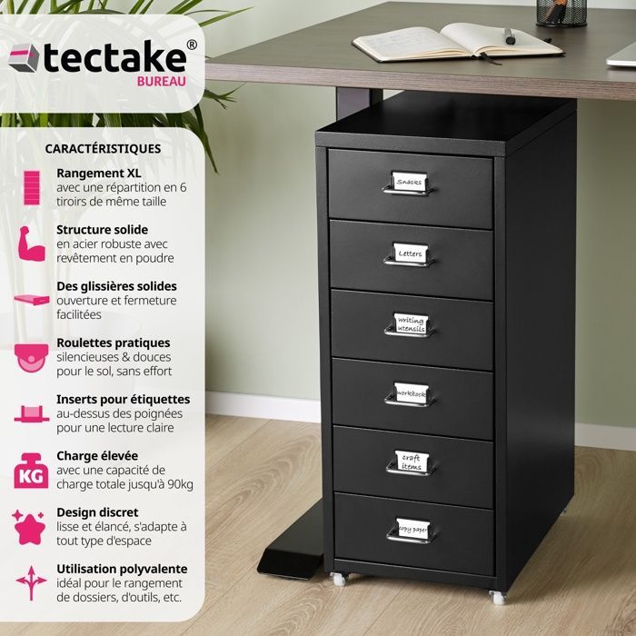 Office pedestal - TECTAKE - Rolling cart with 6 steel drawers and label inserts 41 x 28 x 69 cm - Black