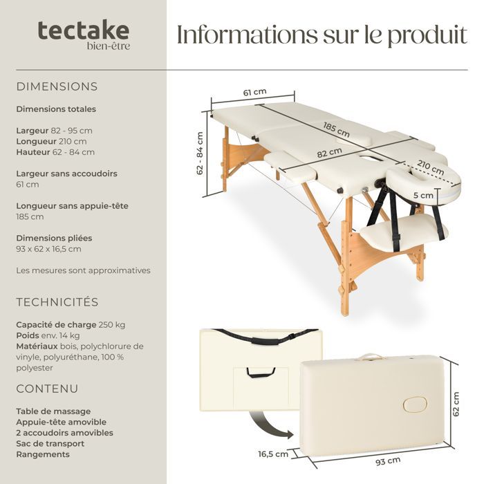 Camilla de masaje - TECTAKE - FREDDI, plegable en 2 secciones y regulable en altura, 210 x 95 x 84 cm - Beige