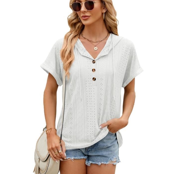 T-shirt da donna - INSFITY - Con cappuccio, maniche corte, scollo a V - Bianca