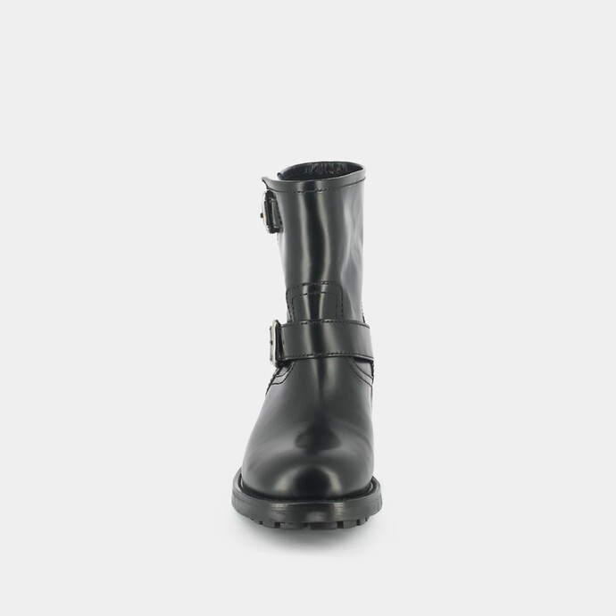 Boots à talons, semelles crantées et détails boucles argentées  cuir glacé noir
