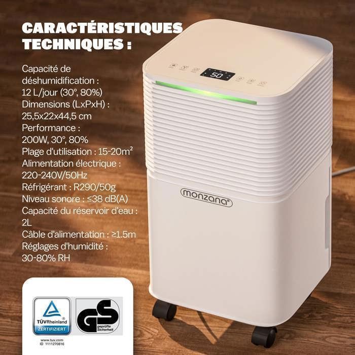 Déshumidificateur d’air MONZANA® 12L/jour 20 m² Purificateur d'air pour personnes allergiques Minuterie 24h salle de bain interieur