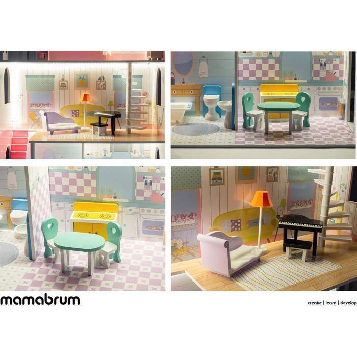 Grande casa delle bambole in legno per bambini - Mamabrum - Illuminazione a LED 123x34x114 cm, 3 piani, terrazza - Gioco di ruolo