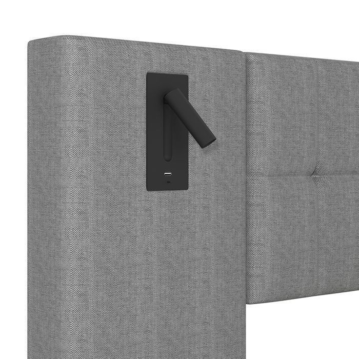 Cama de casal 180x200 cm com iluminação LED, cabeceira alta, estrado de ripas, roupa de cama, cinza.