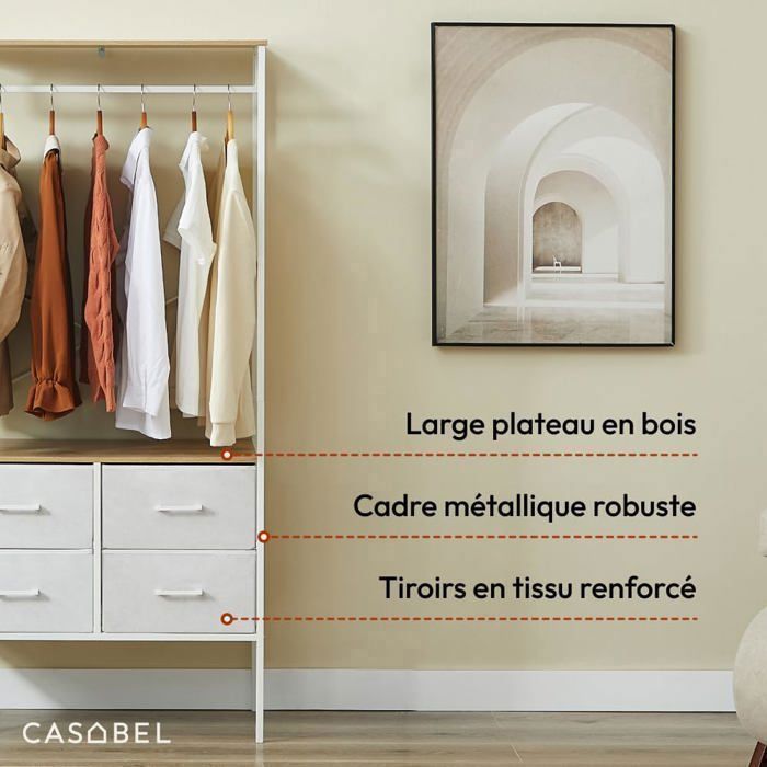 Armario CASABEL, mueble con 4 cajones, perchero, vestidor, armario, madera y metal blanco, 80×40×167 cm