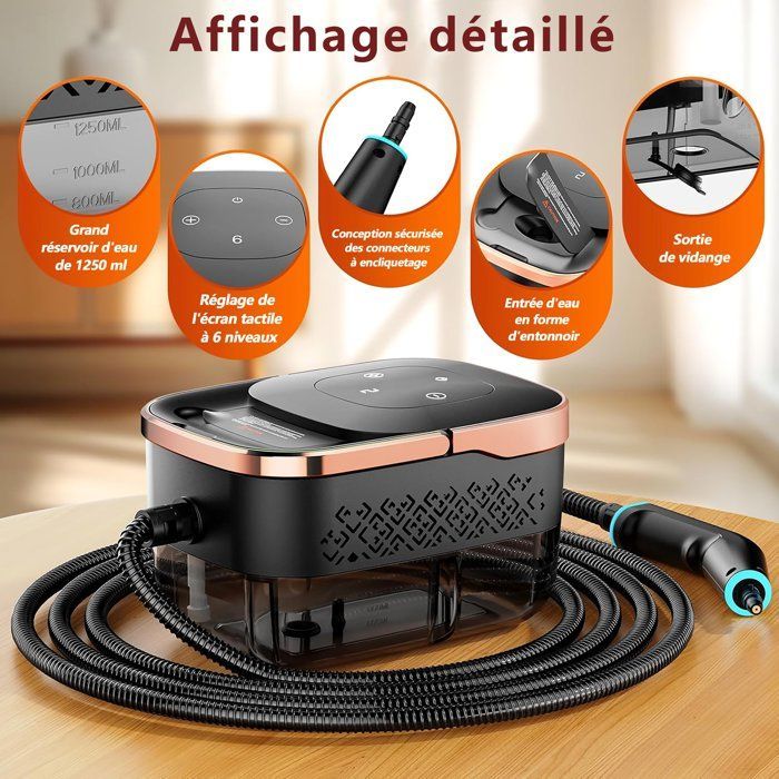 Nettoyeur Vapeur Haute Pression,6 vitesses,réservoir d'eau 1250ML, Chauffage Rapide 15S,avec 10 accessoires,pour Nettoyer Les