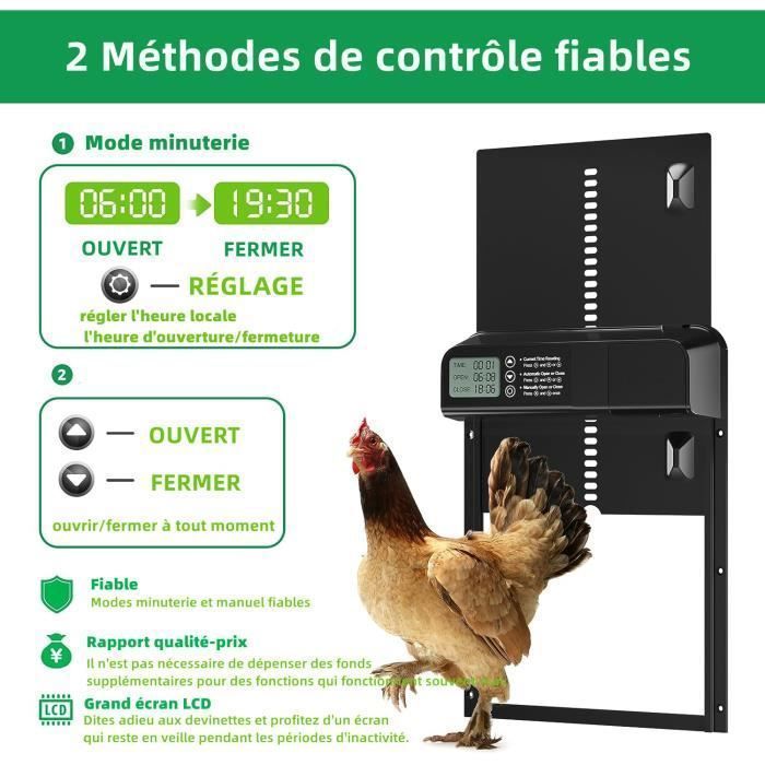 Puerta automática para gallinero con temporizador antipinzamiento, puerta de aleación de aluminio, pantalla LED programable.