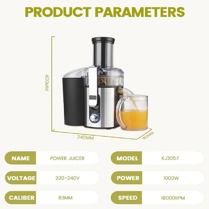 1000W Juicer, 2-Speed Fruit and Vegetable Centrifuge, 83mm Wide Feed Chute, 1L Juice Pitcher, Easy Cleaning