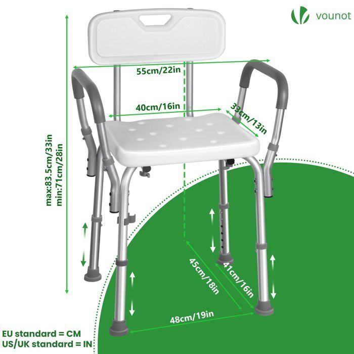 VOUNOT® Chaise de douche avec dossier et accoudoirs - Hauteur réglable - Pieds antidérapants - Siège en Aluminum HDPE - Blanc