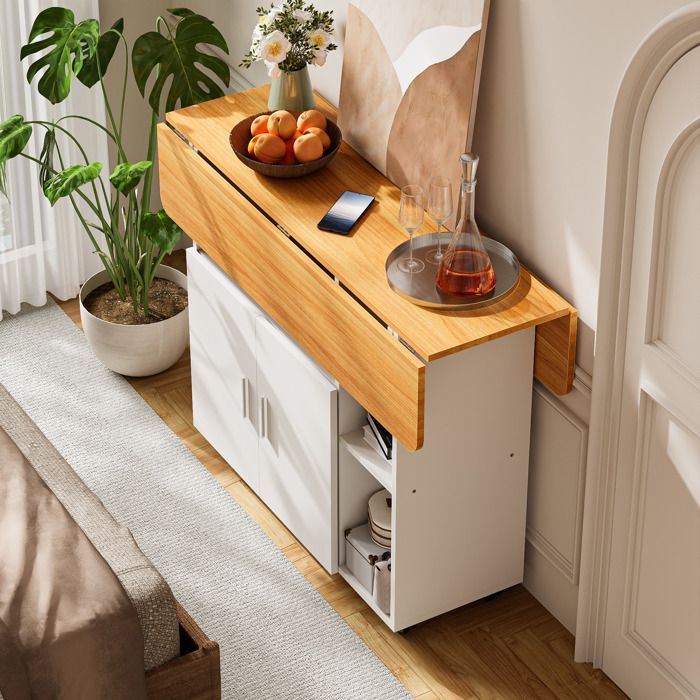 Table Roulante Pliable avec Roues et Porte - Table à Manger 100x70cm -Plateau Extensible et Étagère - pour Cuisine/Salon - Jaune