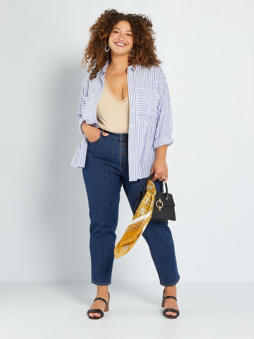 Calça jeans mom de cintura alta com 5 bolsos, tamanho L32 - AZUL