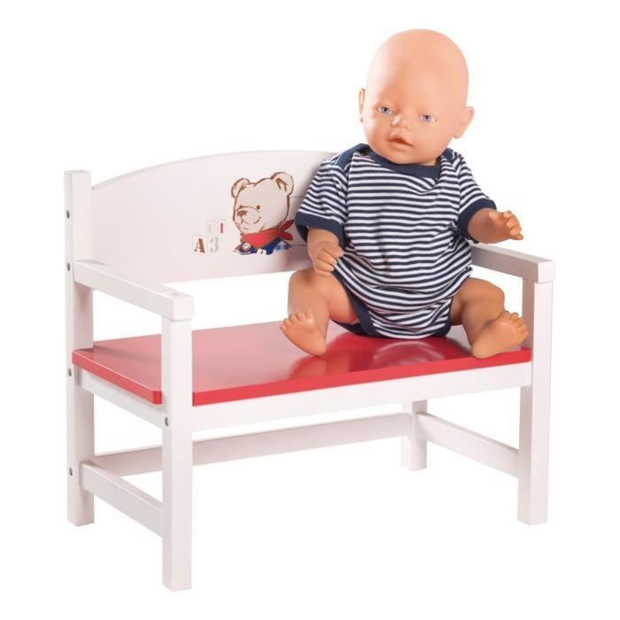 Banco para muñecas ROBA Teddy College - Muebles para casa de muñecas - Banco en miniatura para muñecas bebé - Madera lacada en blanco/rojo