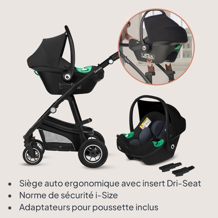 Poussette 3 en 1 LIONELO Bianka -Jusqu'à 22 kg - Pack poussette, Nacelle, Siège auto, sac et accessoires - Noir