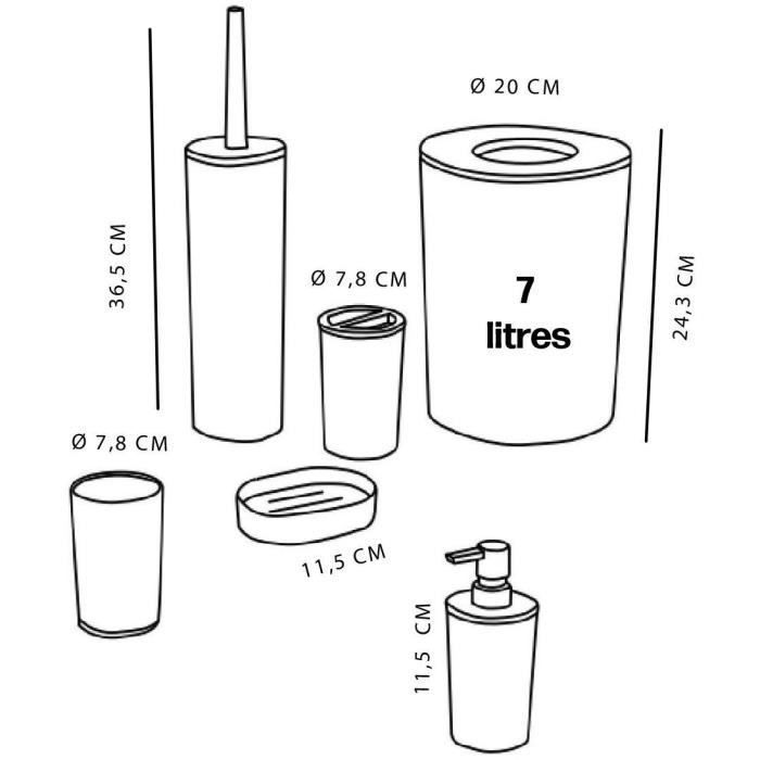 Lot de 6 acc SDB - TODAY - UTILITY - Dist savon, gobelet, porte-brosse à dents, porte savon, brosse WC, poubelle - White