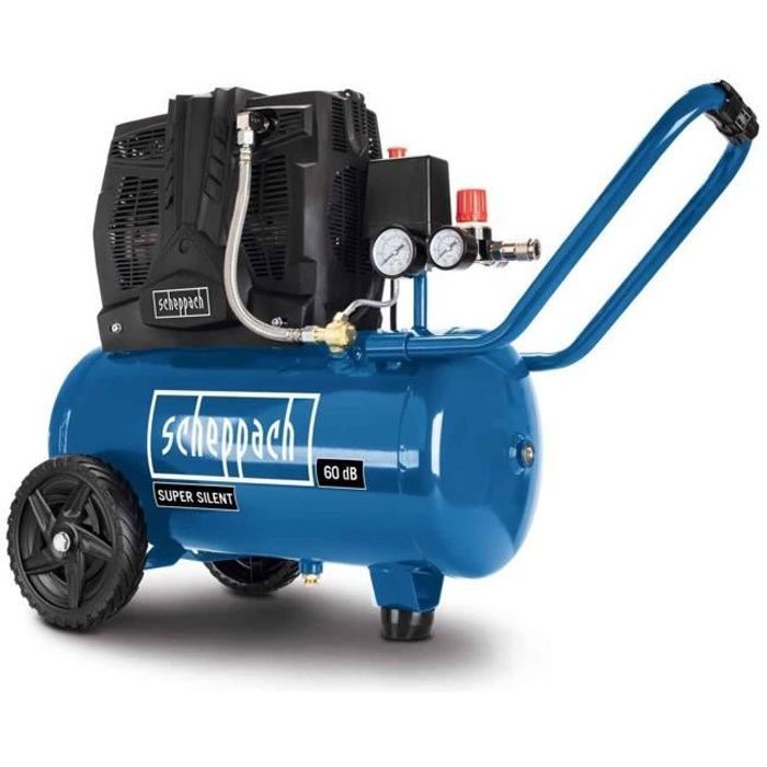 Compresor de aire silencioso Scheppach HC25Si horizontal de dos cilindros - 24 L - 1100 W - 8 bar - 1,5 CV