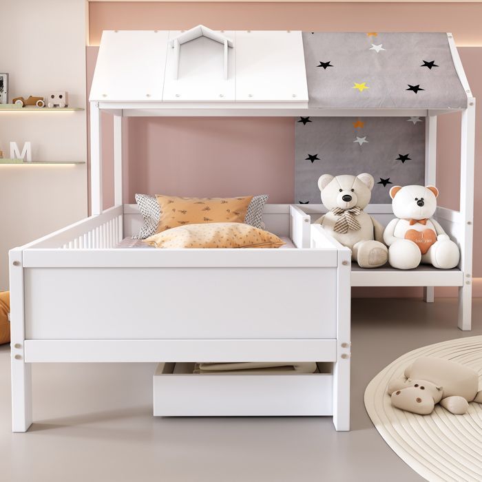 Estructura de cama reforzada fabricada con material resistente a la corrosión, cuna de madera con forma de casa, cama individual, multifuncional.