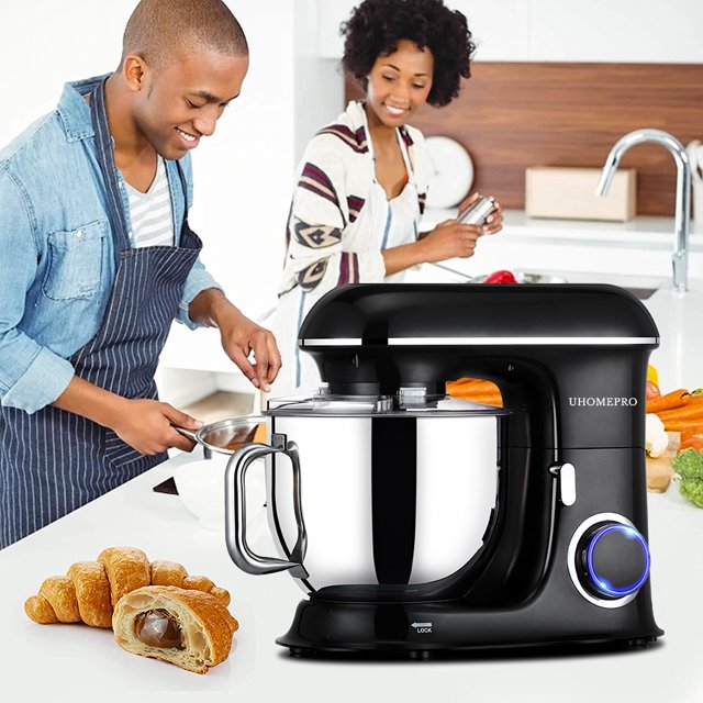uhomepro 7,5-Liter-Küchenmaschine, 6+0+P-Geschwindigkeitsstufen, kippbarer Kopf, 660 W, Teigkneter, elektrische Küchenmaschine für den privaten und gewerblichen Gebrauch, inklusive Knethaken, Rührbesen, Schneebesen, Spatel, spülmaschinenfest