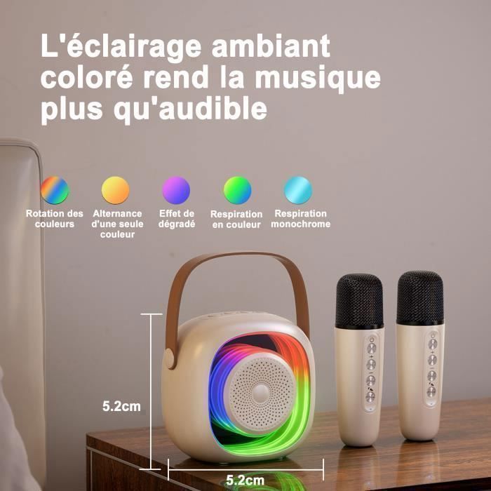 Enceinte Portable, Bluetooth 5.3, Fonction karaoké, basses percutantes, LED colorées, avec 2 Micro sans Fil, pour Fête - Beige