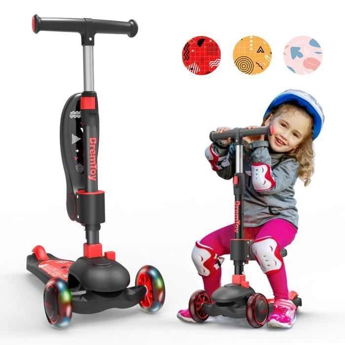 BremToy Kids Scooter with 360° Swivel Seat, LED Wheels, Height-Adjustable Handlebar, Foldable for Children, Red