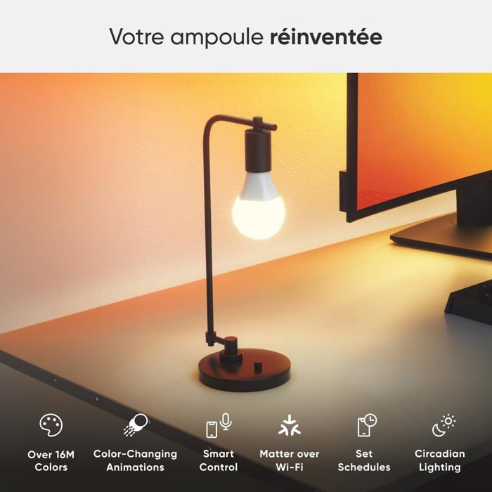 Matter Essentials Pack de 2 Wifi Ampoules LED E27 Connectées RGBW - Lampes Intelligentes,Horaires personnalisés,Contrôle par