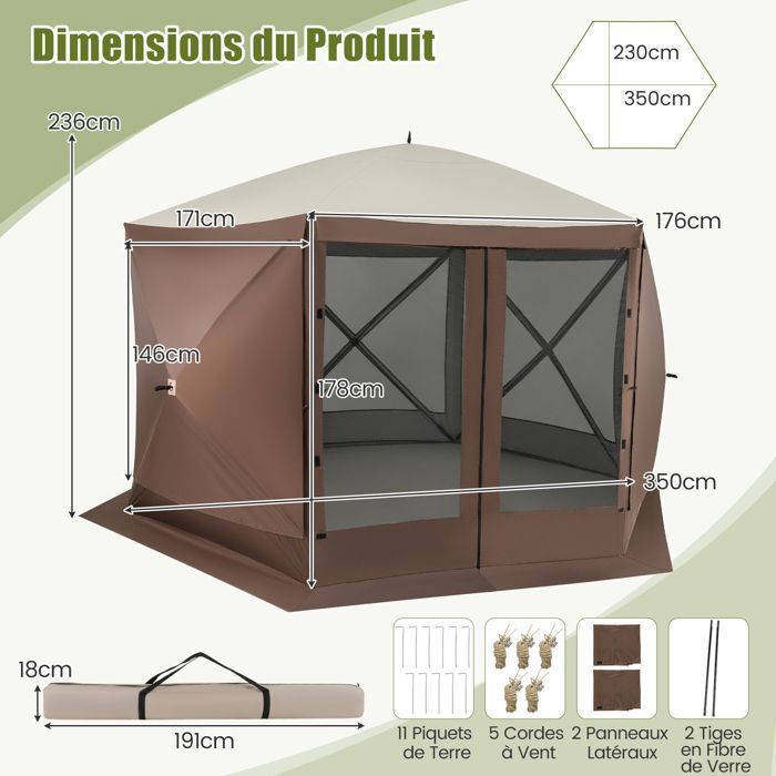 Tonnelle 350 x 350 cm à Ouverture Instantanée - COSTWAY - 6 Côtés avec Parois en Maille 2 Pare-Vent Amovibles - 8 à 10 Personnes