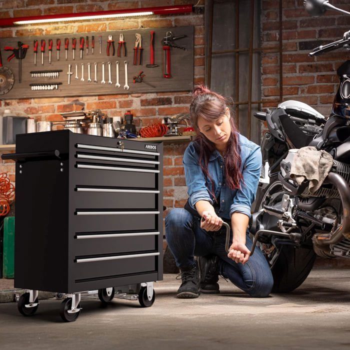AREBOS Chariot à Outils 7 Tiroirs – Verrouillage Central, Acier Robuste, Tapis Antidérapants, Roues Pivotantes avec Freins