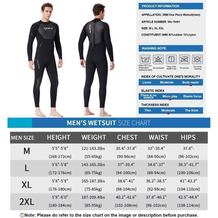 Traje de neopreno de manga larga de 3 mm para hombre, ideal para surf, snorkel, natación y buceo - Talla XL
