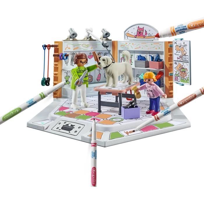 PLAYMOBIL Kleurenset 71514 Trimsalon, Crayola kleurpotloden om op de figuurtjes te tekenen, 61 onderdelen, Geschikt voor kinderen vanaf 5 jaar