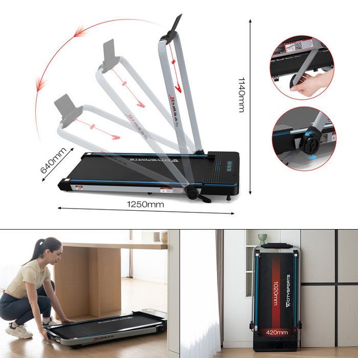 Tapis de Course Pliable et Inclinable à 7.7%,1400W,CITYSPORTS WP3,1-12km/h.Noir avec bleu.APP.Bluetooth