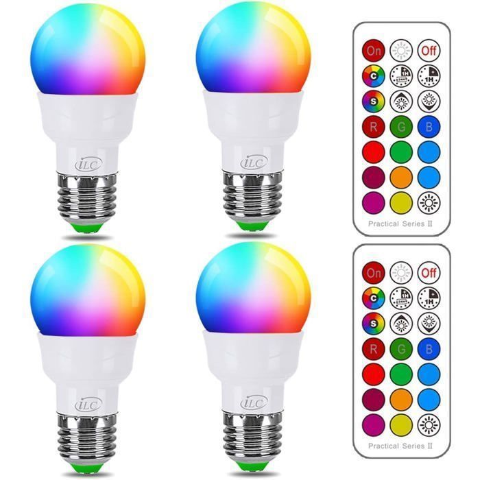 Ampoule Couleur LED, Équivalent 40W, E27 Telecommande Blanc Chaud 2700K Changement de couleur Ampoule 5W (Lot de 4)