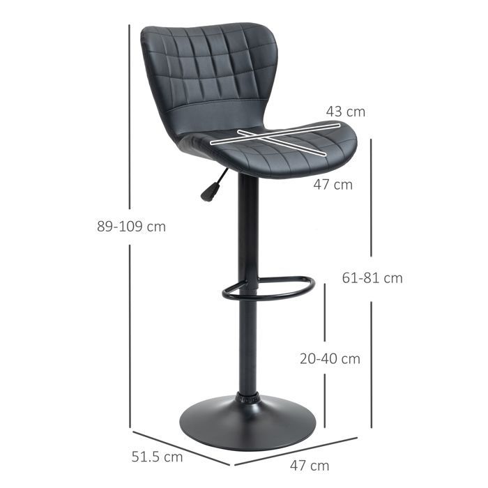 Taburete de bar - BLOSSOM - Altura regulable - Piel negra - Juego de 2 - Diseño moderno