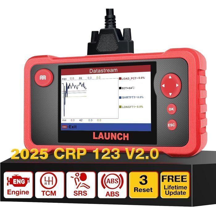 Herramienta de diagnóstico automotriz Launch CRP123 V2.0 para 4 sistemas: ABS, SRS, motor, transmisión y 3 funciones de reinicio.