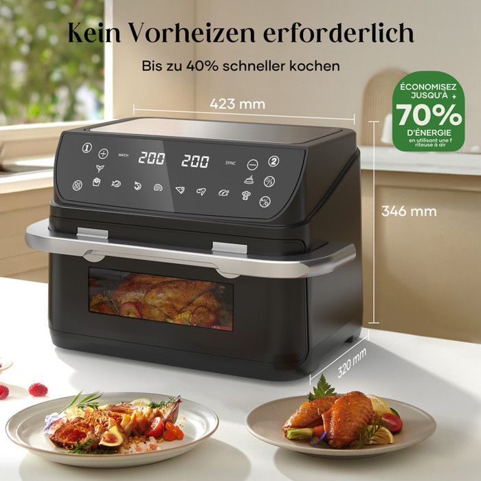 Friteuse sans Huile 12L - Panier Flexible - Écran LED - Cuisson 360° Sans Huile - 10 Programmes - Cavité métallique - Air fryer