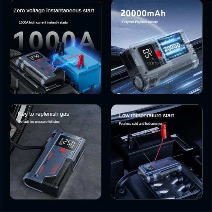 Auxiliar de partida para carro de 1000A, carregador portátil de 20000mAh, potente auxiliar de partida para bateria de carro, luz LED.