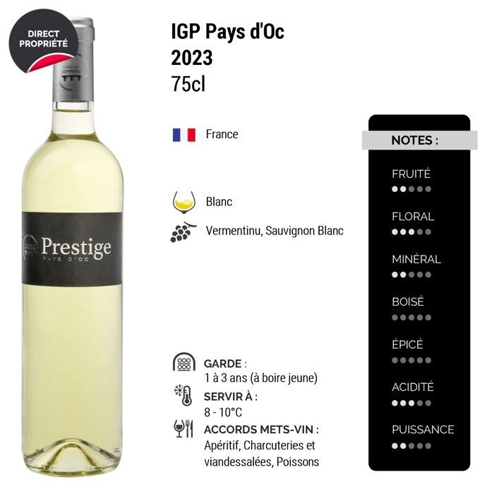 Les Vignerons du Sommiérois Pays d'Oc Prestige 2023 - Vino bianco della Linguadoca-Rossiglione (6x75cl)