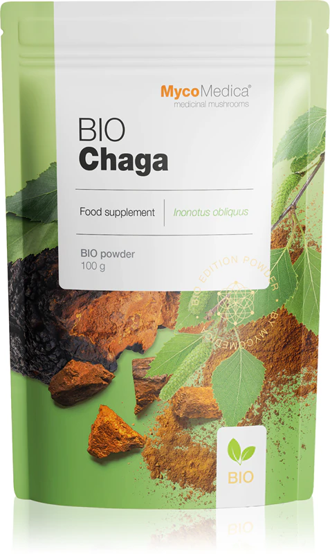 Suplemento alimentar em pó MycoMedica Chaga BIO, com qualidade BIO, para fortalecer o sistema imunológico.