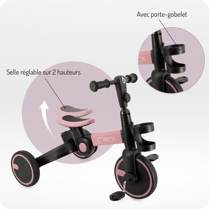 Tricycle 3-en-1 - MoMi FILO - Pliable sans outils - 2 hauteurs de selle - Dès 18 mois - Rosa